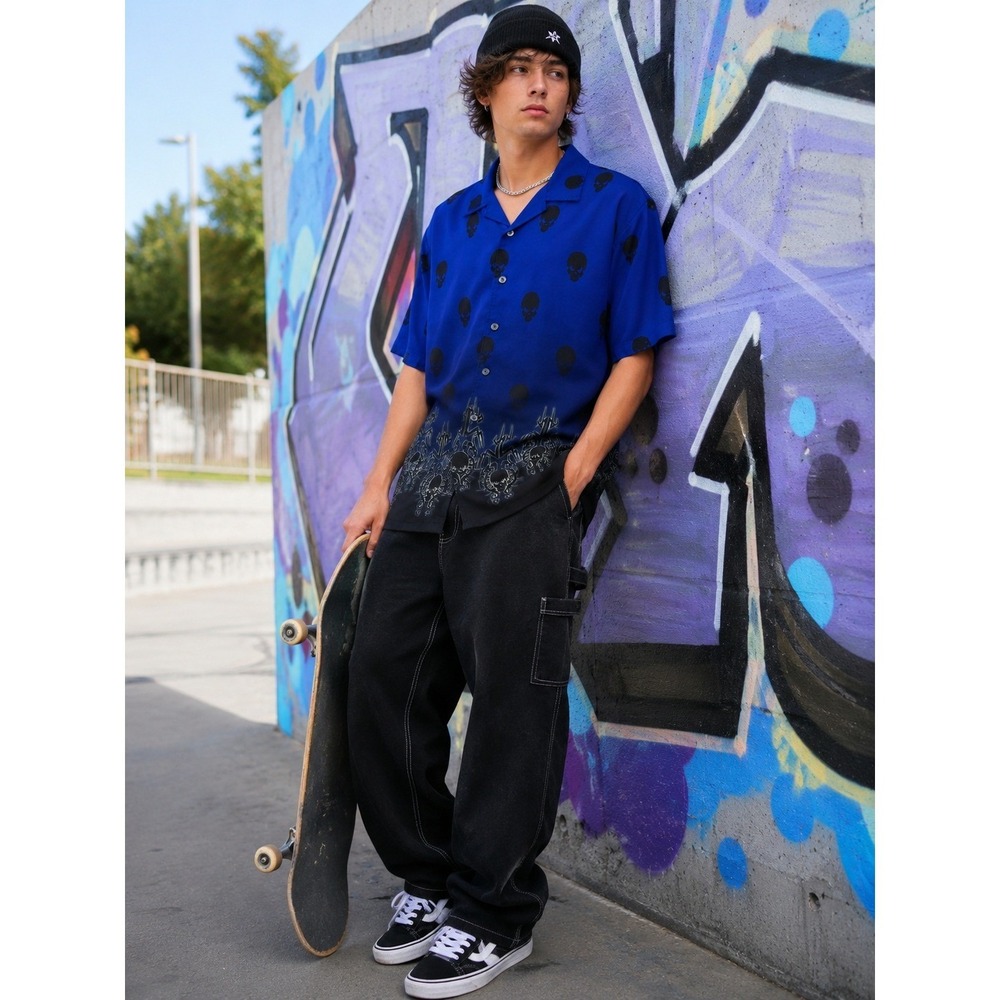 ODO Y2K Skull Print Button Up Shirt Mens L Blue Gothic Tribal Biker Punk